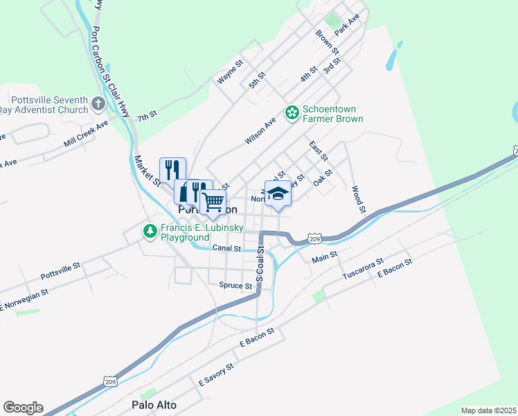 map of restaurants, bars, coffee shops, grocery stores, and more near 223 North Coal Street in Port Carbon