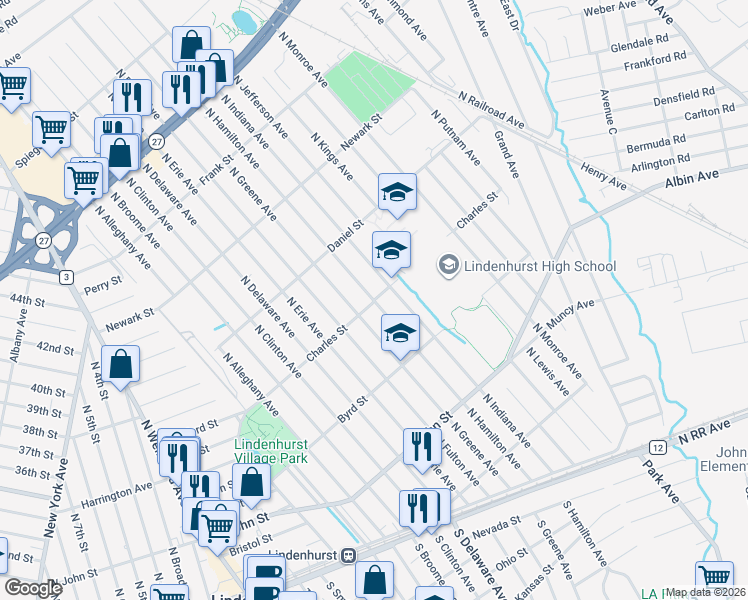 map of restaurants, bars, coffee shops, grocery stores, and more near N Hamilton Ave & Charles St in Lindenhurst