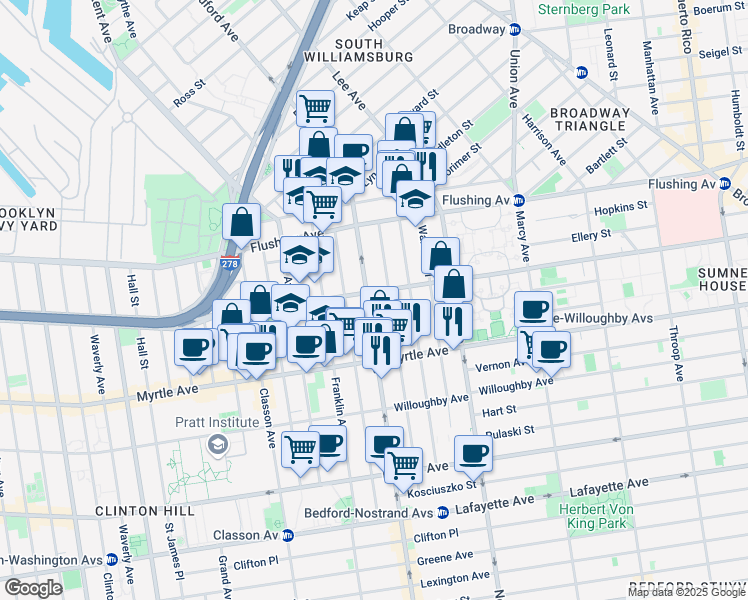map of restaurants, bars, coffee shops, grocery stores, and more near 793 Bedford Avenue in Brooklyn