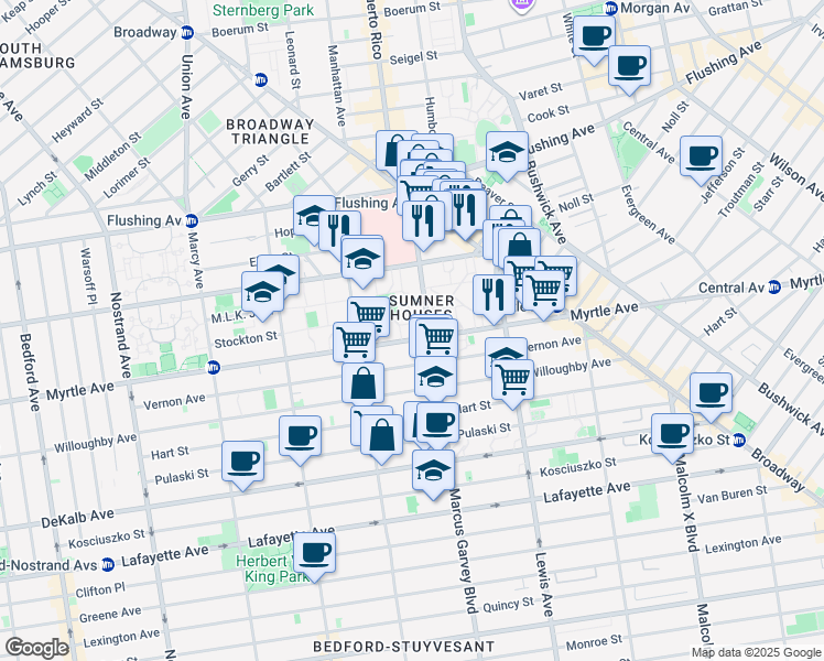 map of restaurants, bars, coffee shops, grocery stores, and more near 995 Myrtle Avenue in Brooklyn