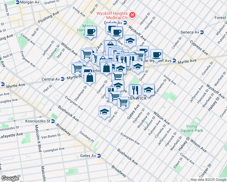 map of restaurants, bars, coffee shops, grocery stores, and more near 155 Bleecker Street in Brooklyn