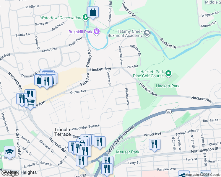 map of restaurants, bars, coffee shops, grocery stores, and more near 2122 Gruver Avenue in Easton