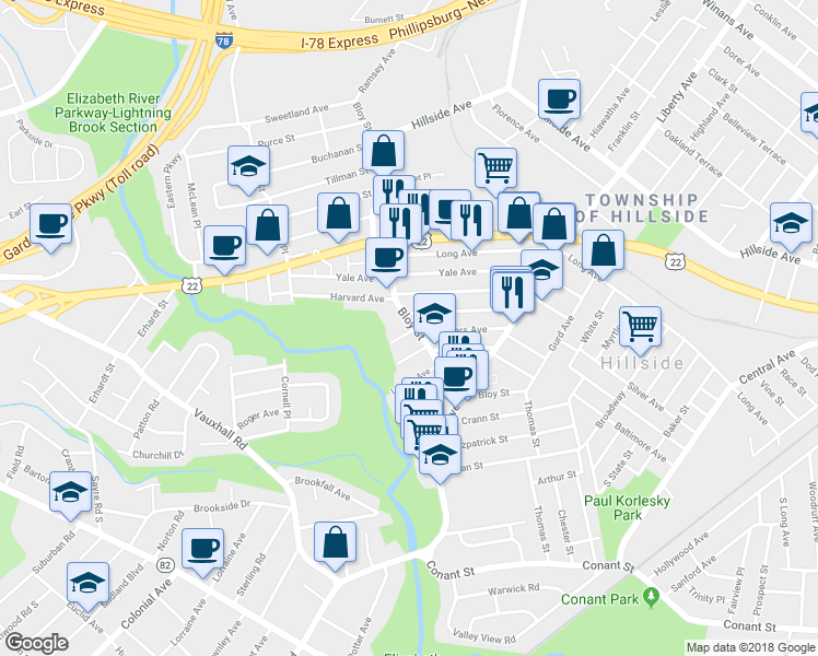map of restaurants, bars, coffee shops, grocery stores, and more near 374 Bloy Street in Hillside