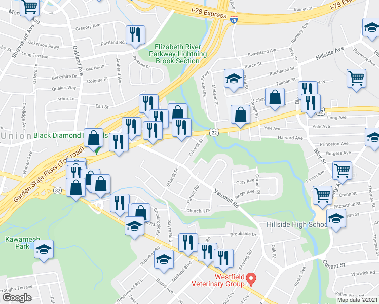 map of restaurants, bars, coffee shops, grocery stores, and more near 1230 Erhardt Street in Union