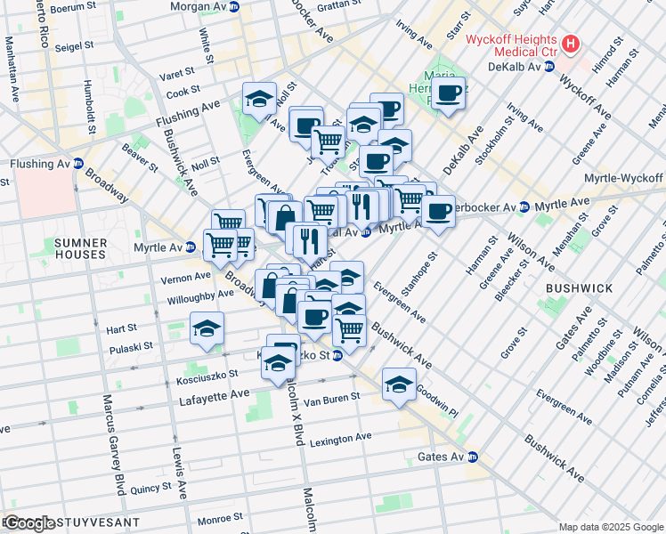 map of restaurants, bars, coffee shops, grocery stores, and more near 25 Cedar Street in Brooklyn