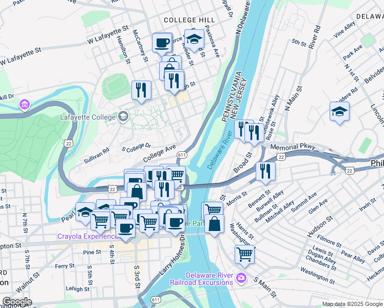 map of restaurants, bars, coffee shops, grocery stores, and more near 41-43 North Delaware Drive in Easton