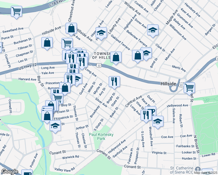 map of restaurants, bars, coffee shops, grocery stores, and more near 171-229 Long Avenue in Hillside