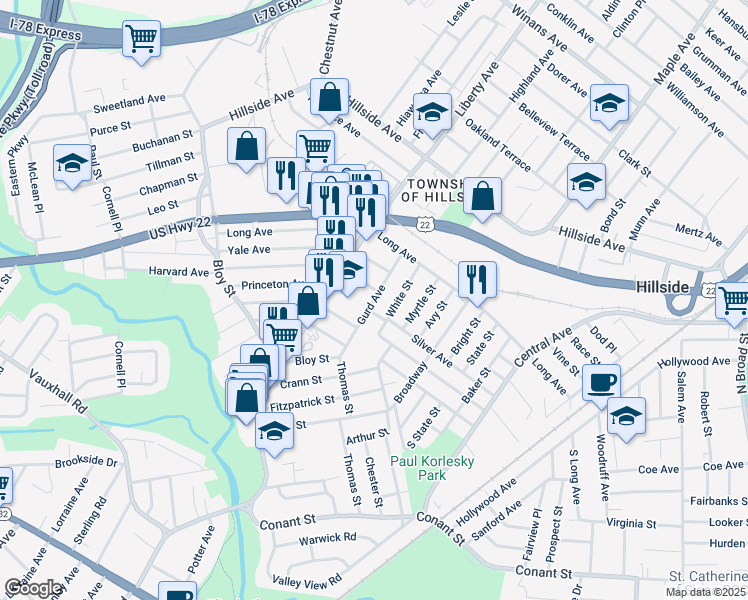 map of restaurants, bars, coffee shops, grocery stores, and more near 1280 Gurd Avenue in Hillside