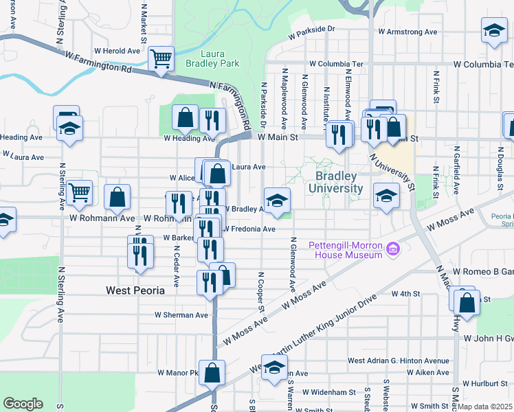 map of restaurants, bars, coffee shops, grocery stores, and more near 1711 W Bradley Ave in Peoria