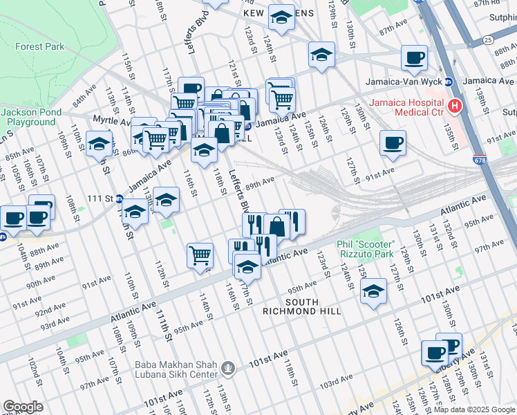 map of restaurants, bars, coffee shops, grocery stores, and more near 89-40 120th Street in Queens