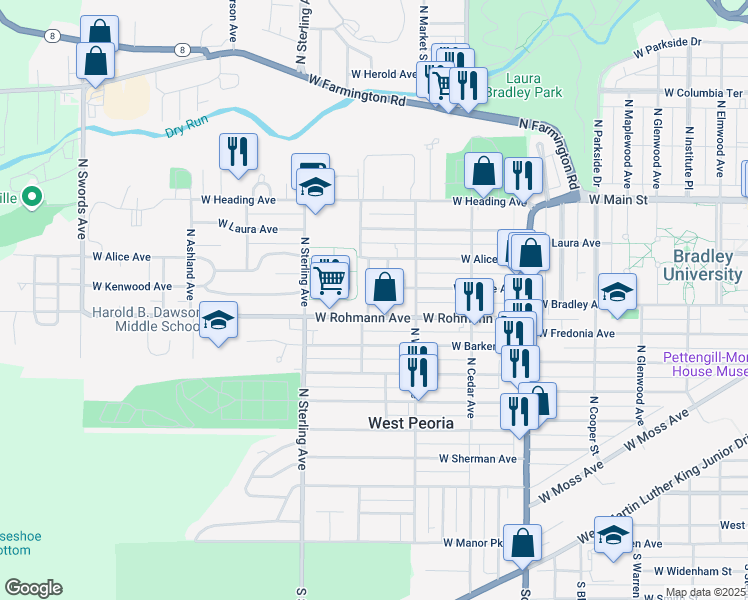 map of restaurants, bars, coffee shops, grocery stores, and more near 712 North Clifton Court in West Peoria
