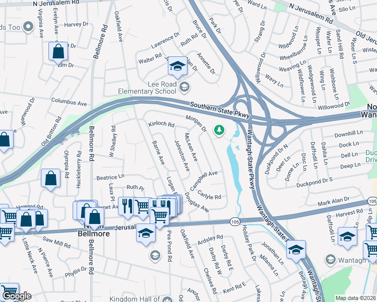 map of restaurants, bars, coffee shops, grocery stores, and more near 1054 McLean Avenue in Wantagh