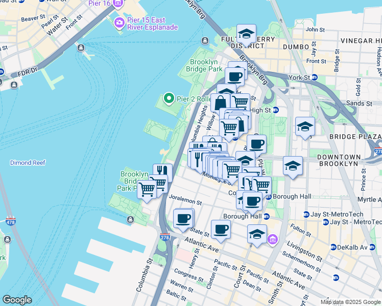 map of restaurants, bars, coffee shops, grocery stores, and more near 1 Pierrepont Street in Brooklyn