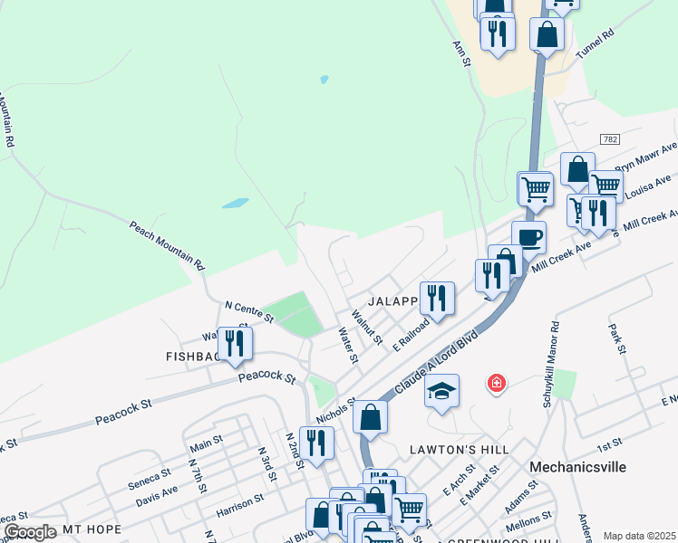 map of restaurants, bars, coffee shops, grocery stores, and more near 818 Walnut Street in Pottsville