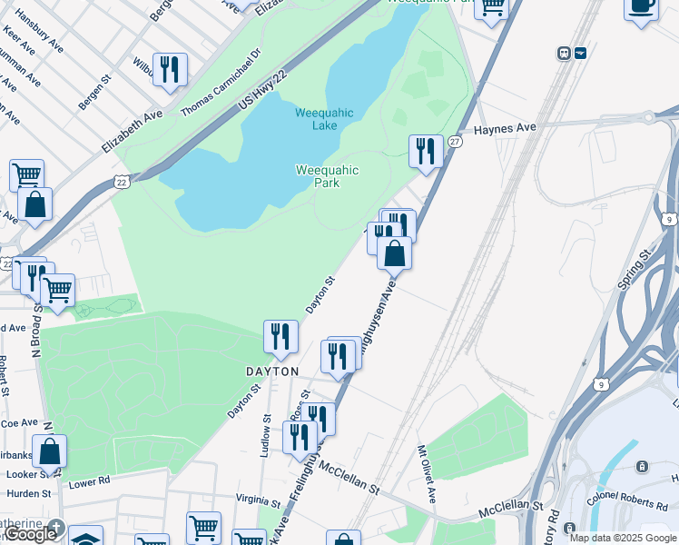 map of restaurants, bars, coffee shops, grocery stores, and more near 164 Dayton Street in Newark