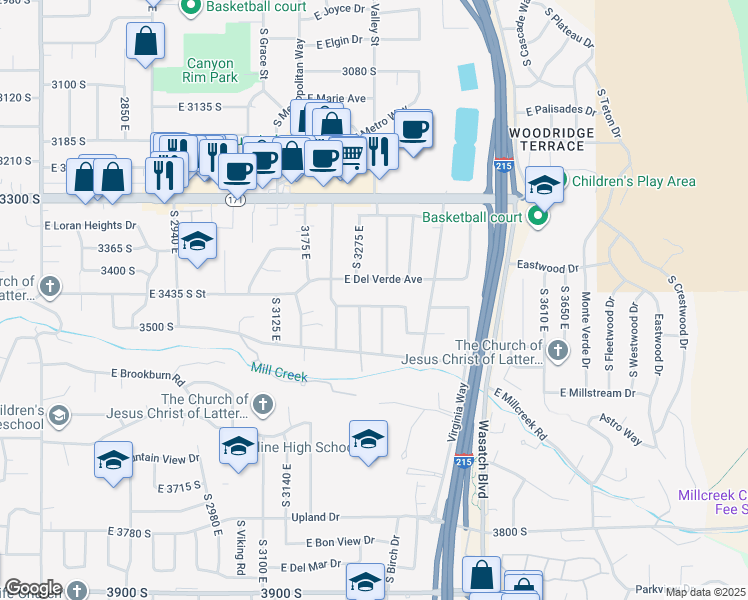 map of restaurants, bars, coffee shops, grocery stores, and more near 3295 East Cummings Road in Salt Lake City