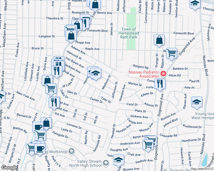 map of restaurants, bars, coffee shops, grocery stores, and more near 906 Jackson Ave in Franklin Square