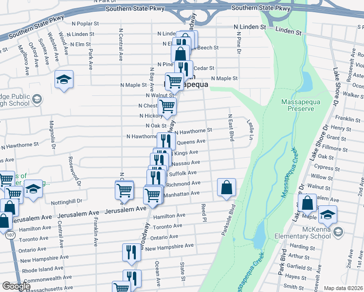 map of restaurants, bars, coffee shops, grocery stores, and more near 188 North Queens Avenue in Massapequa