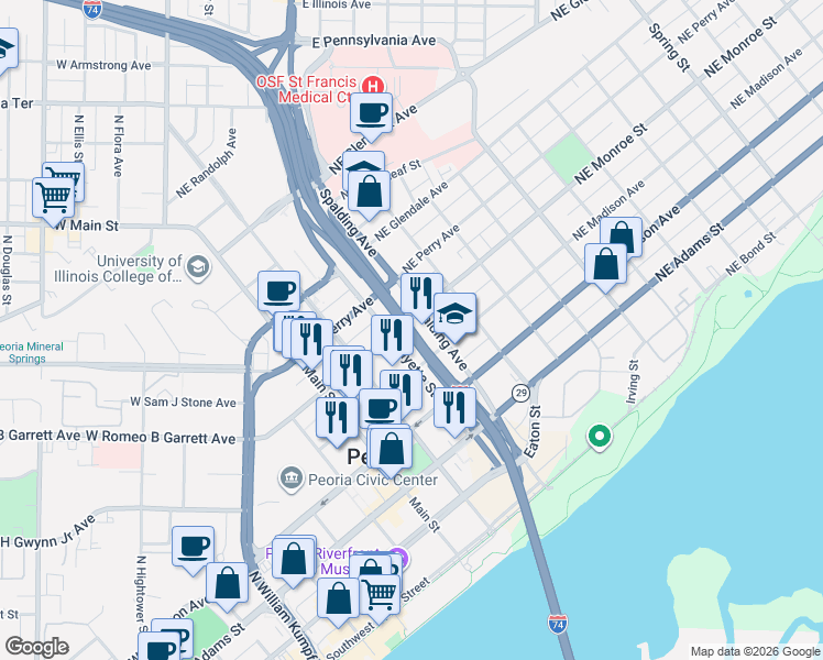 map of restaurants, bars, coffee shops, grocery stores, and more near 511 Spalding Avenue in Peoria