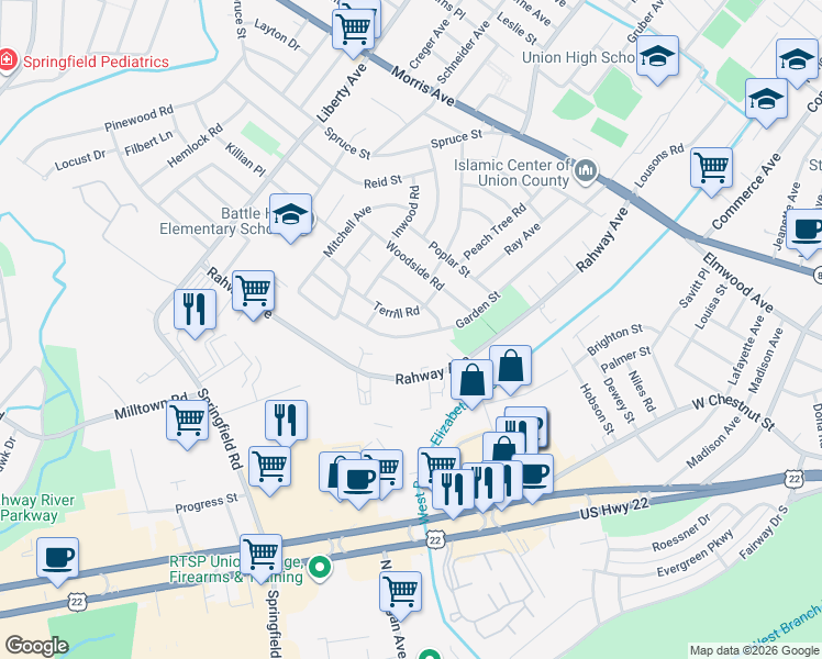 map of restaurants, bars, coffee shops, grocery stores, and more near 720 Garden Street in Union