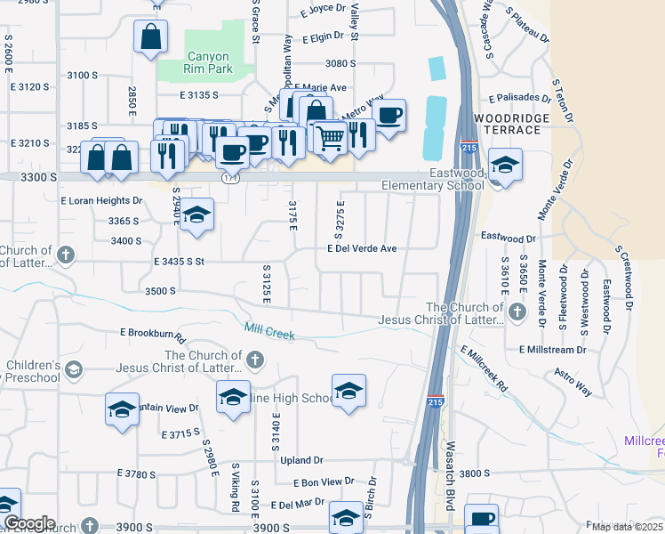 map of restaurants, bars, coffee shops, grocery stores, and more near 3255 East Cummings Road in Salt Lake City