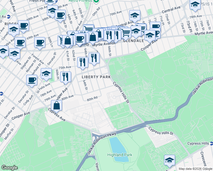 map of restaurants, bars, coffee shops, grocery stores, and more near 78-45 65th Street in Queens
