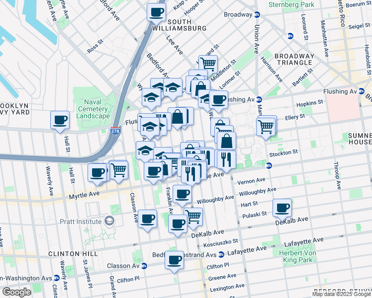 map of restaurants, bars, coffee shops, grocery stores, and more near 793 Bedford Avenue in Brooklyn