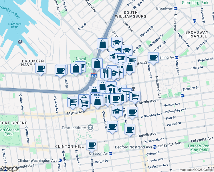 map of restaurants, bars, coffee shops, grocery stores, and more near 413 Park Avenue in Brooklyn