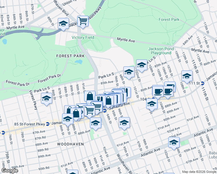 map of restaurants, bars, coffee shops, grocery stores, and more near 94-17 85th Road in Queens