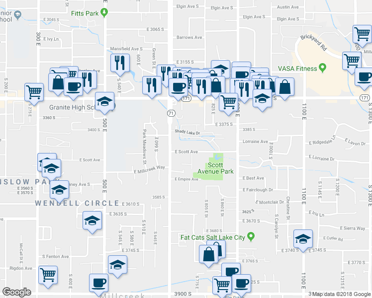 map of restaurants, bars, coffee shops, grocery stores, and more near 739 East Scott Avenue in Millcreek