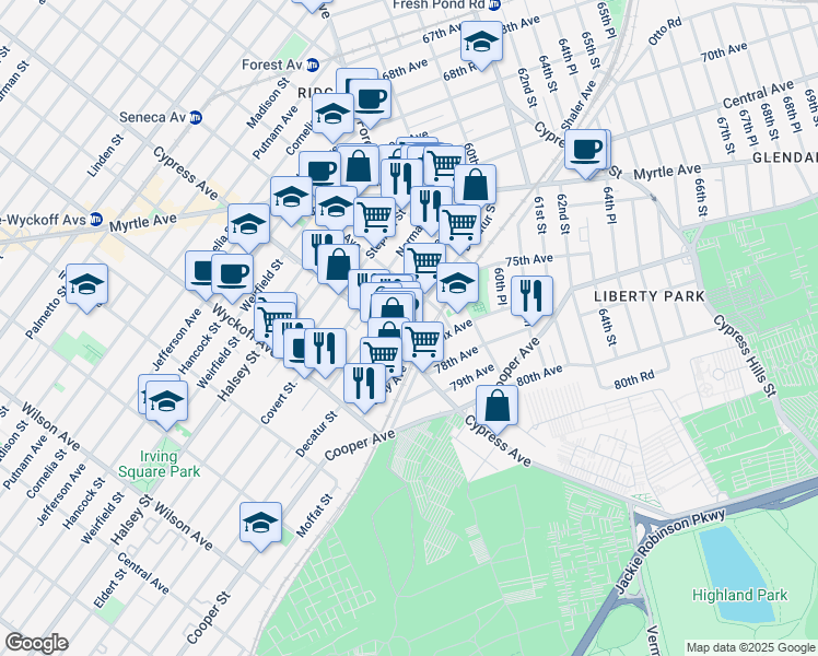 map of restaurants, bars, coffee shops, grocery stores, and more near 1720A Decatur Street in Queens