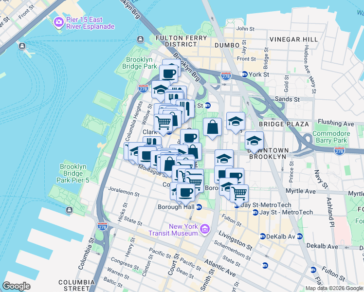 map of restaurants, bars, coffee shops, grocery stores, and more near 16 Monroe Place in Brooklyn