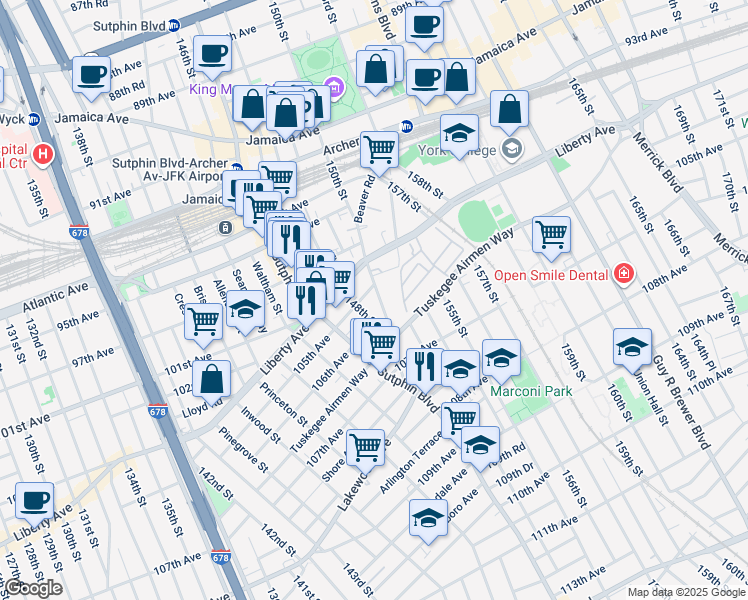 map of restaurants, bars, coffee shops, grocery stores, and more near 10523 150th Street in Queens