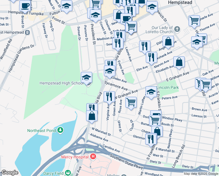 map of restaurants, bars, coffee shops, grocery stores, and more near 21 Mason Street in Hempstead