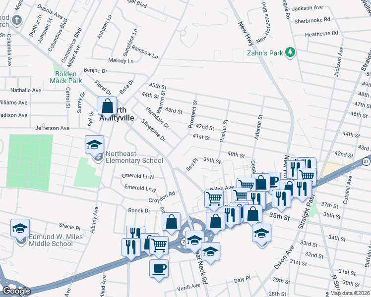 map of restaurants, bars, coffee shops, grocery stores, and more near 8 Jaqueline Court in Copiague