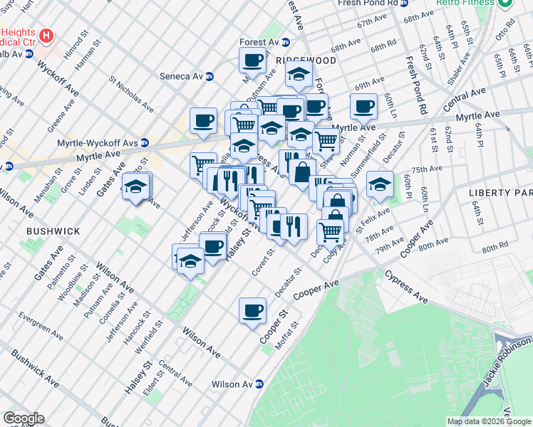 map of restaurants, bars, coffee shops, grocery stores, and more near 1639 Stephen Street in Queens