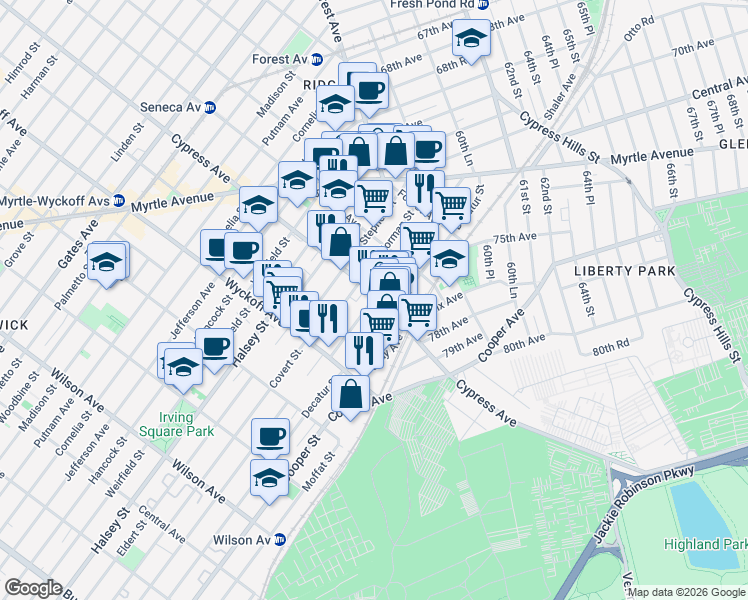 map of restaurants, bars, coffee shops, grocery stores, and more near 10-76 Cypress Avenue in Queens