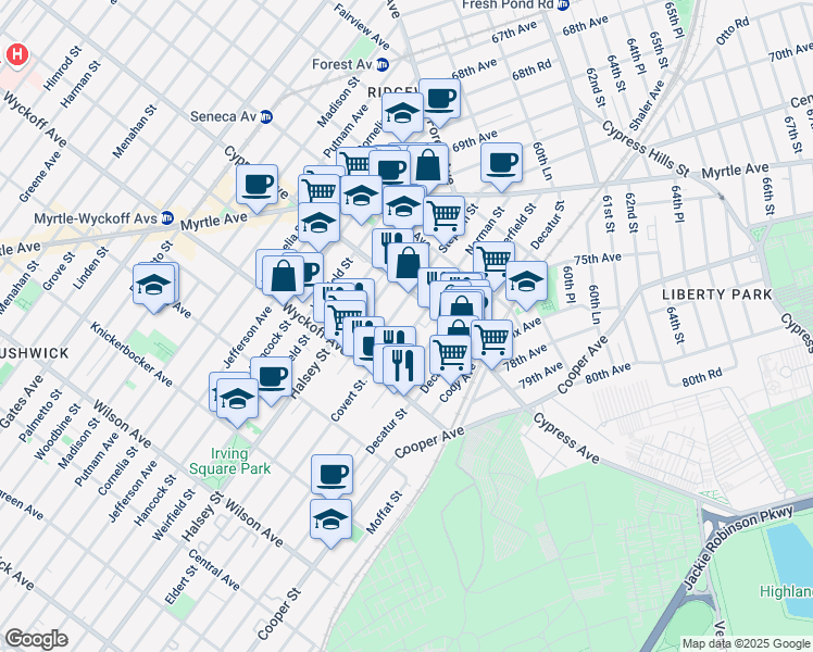 map of restaurants, bars, coffee shops, grocery stores, and more near 1659 Norman Street in Queens