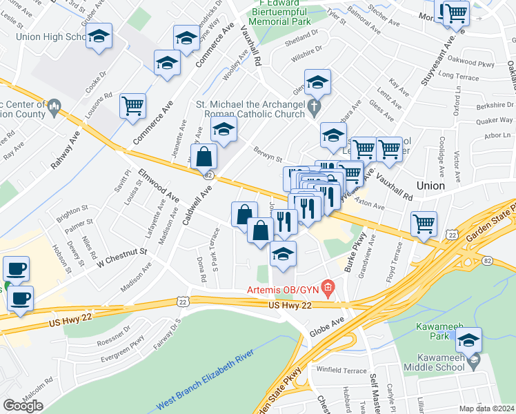 map of restaurants, bars, coffee shops, grocery stores, and more near 979 Union Terrace in Union