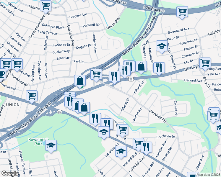 map of restaurants, bars, coffee shops, grocery stores, and more near 1653 Vauxhall Road in Union