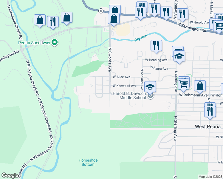 map of restaurants, bars, coffee shops, grocery stores, and more near 712 North Swords Avenue in West Peoria