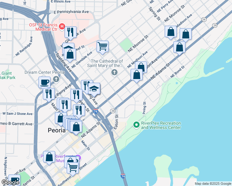 map of restaurants, bars, coffee shops, grocery stores, and more near 399 Hancock Street in Peoria