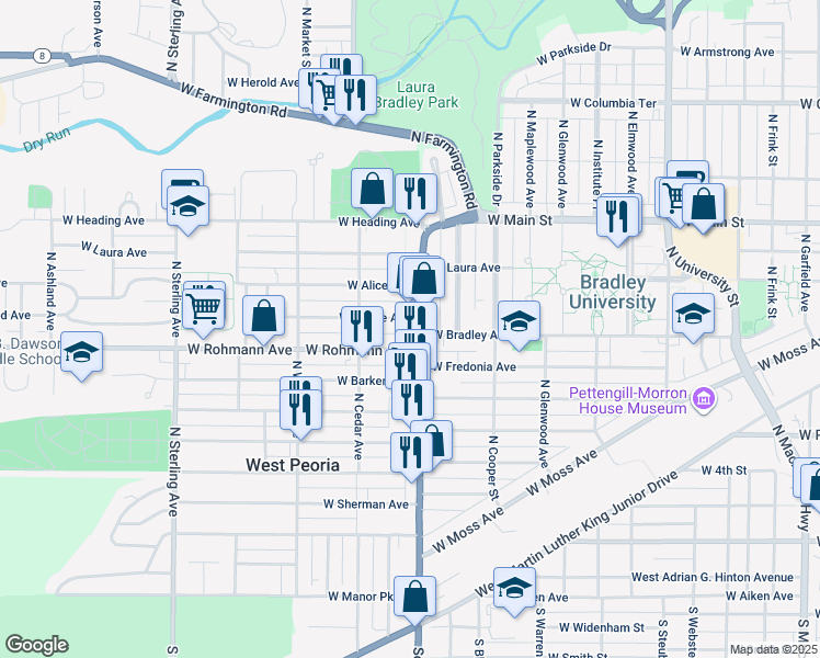 map of restaurants, bars, coffee shops, grocery stores, and more near 715 North Western Avenue in Peoria