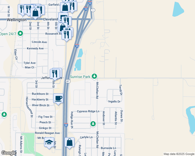 map of restaurants, bars, coffee shops, grocery stores, and more near 2364 East County Road 62 in Wellington