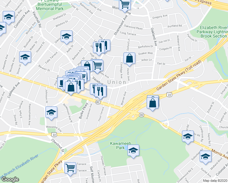 map of restaurants, bars, coffee shops, grocery stores, and more near 1041 Harding Avenue in Union