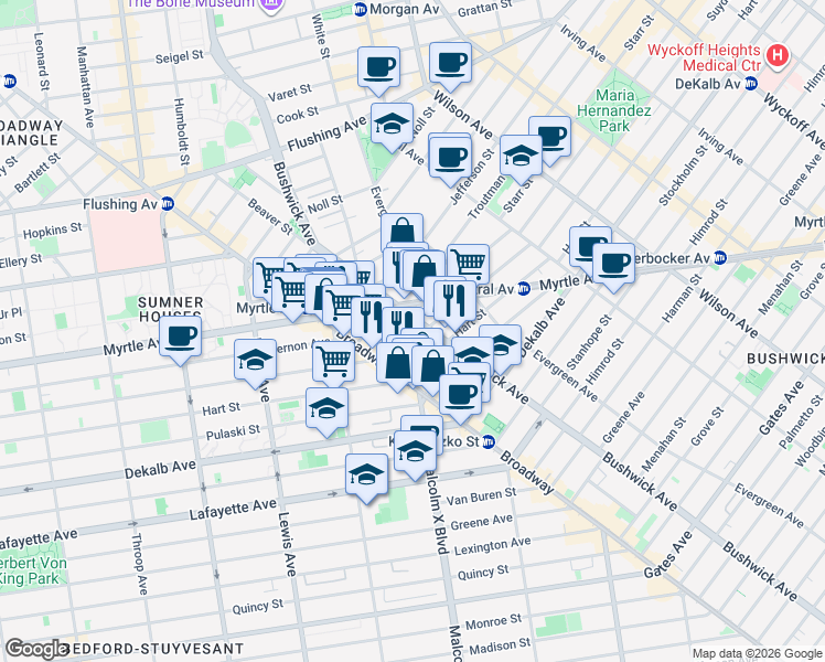 map of restaurants, bars, coffee shops, grocery stores, and more near 690 Bushwick Avenue in Brooklyn