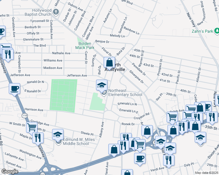 map of restaurants, bars, coffee shops, grocery stores, and more near Albany Avenue & Delaware Avenue in North Amityville