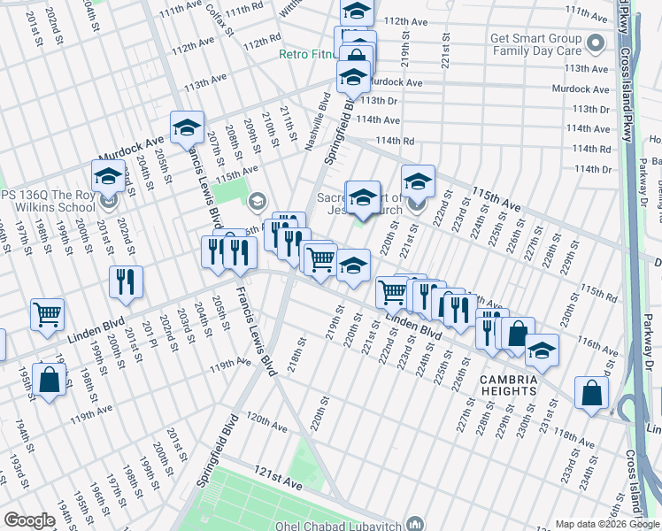 map of restaurants, bars, coffee shops, grocery stores, and more near 116-28 218th Street in Queens