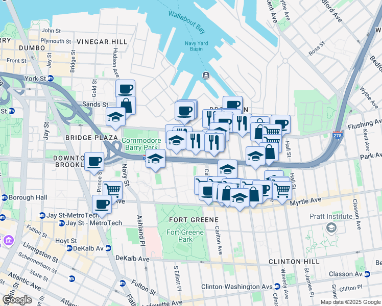 map of restaurants, bars, coffee shops, grocery stores, and more near 54 Cumberland Street in Brooklyn