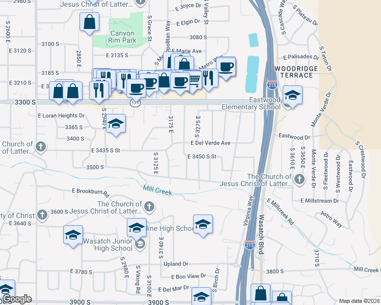 map of restaurants, bars, coffee shops, grocery stores, and more near 3446 South Terrace View Drive in Salt Lake City